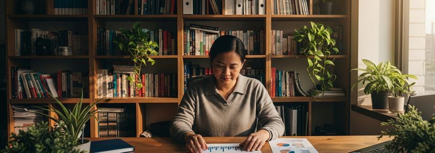 Small business owner reviewing marketing budget and planning strategy