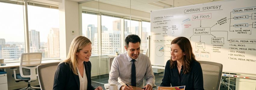 Marketing team reviewing advertising campaign strategy and budget allocation at a conference table in a professional office