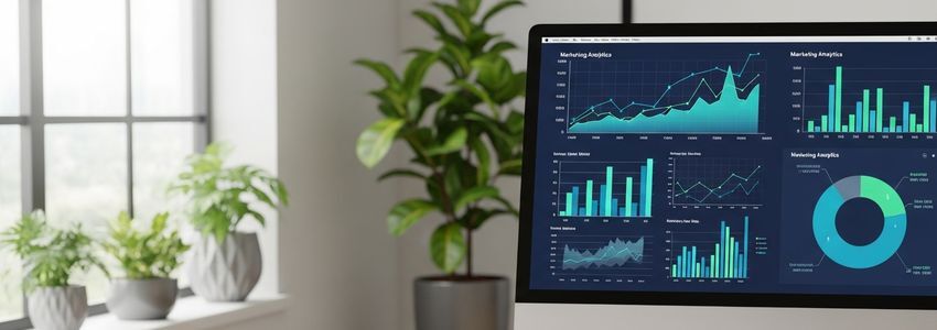 Business professionals reviewing marketing analytics dashboard and strategy in modern office