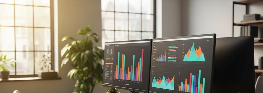 Marketing analytics dashboard showing advertising campaign performance metrics on dual monitors in a modern business office