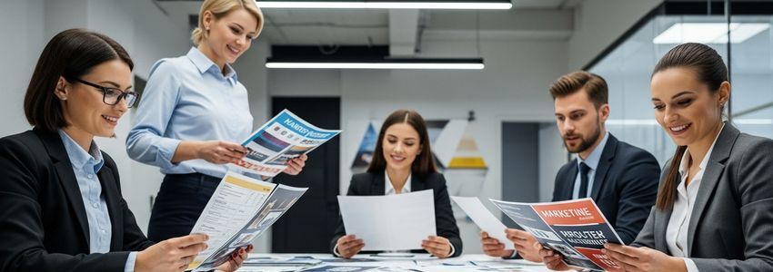 Marketing materials company business team reviewing printed collateral and promotional products