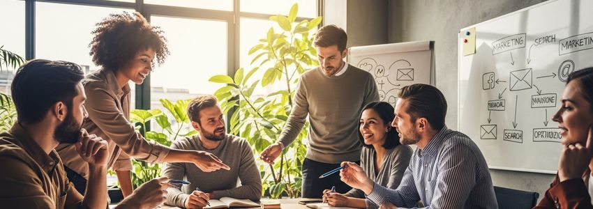 Small business team collaborating on a marketing plan around a conference table