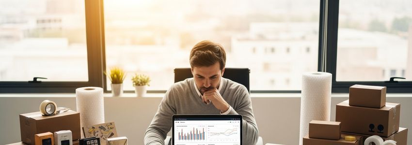 Marketplace seller reviewing business analytics and financing options at a professional desk with shipping supplies