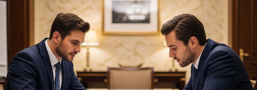 Hotel business professionals reviewing franchise financing documents at a conference table