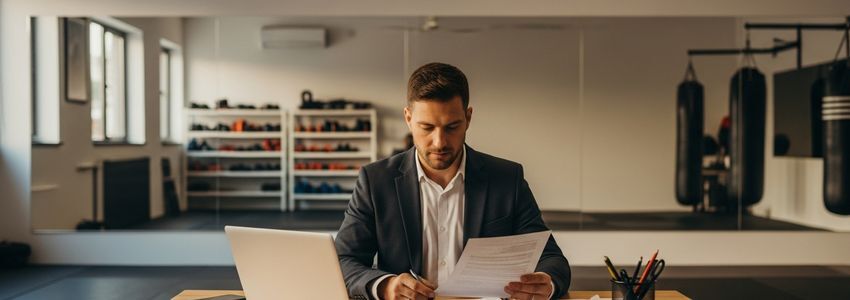 Martial arts instructor reviewing business financing options at a dojo desk