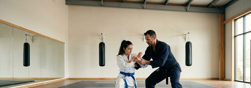 Martial arts instructor guiding a student through technique on training mats in a dojo