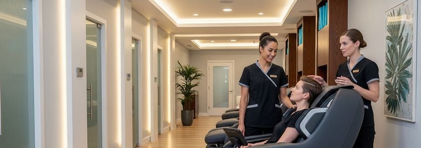 Business owner reviewing massage chair financing options at a spa