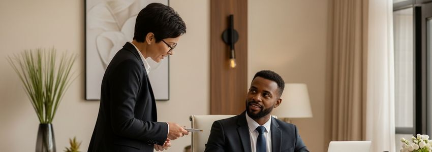 Massage Envy spa franchise business owner reviewing franchise loan documents with financial advisor
