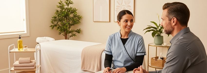 Massage therapist consulting with client at franchise studio about treatment options