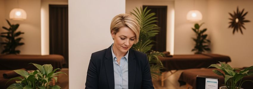 Massage therapy business owner reviewing financing options at a modern wellness clinic