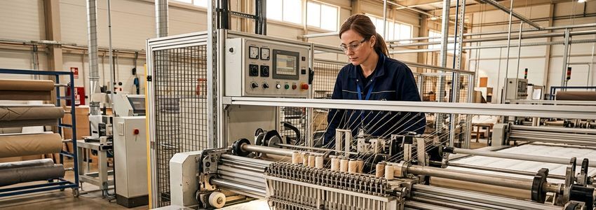 Factory worker operating a foam cutting machine on a mattress manufacturing production line