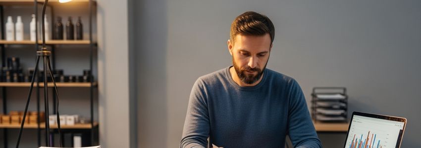 Small business retail store owner reviewing financing options and loan documents at a desk