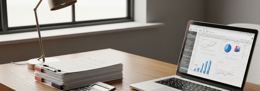 Business owner reviewing loan calculations and financial documents at a desk