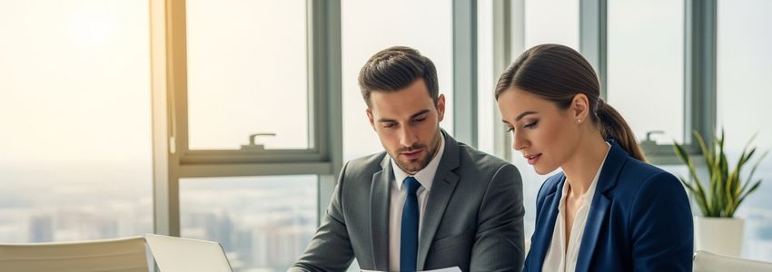 Business advisor reviewing Mail Boxes Etc franchise loan documents with franchise owner