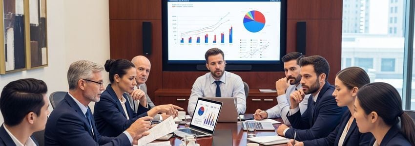 Management team reviewing MBO financing documents in a corporate boardroom - Crestmont Capital