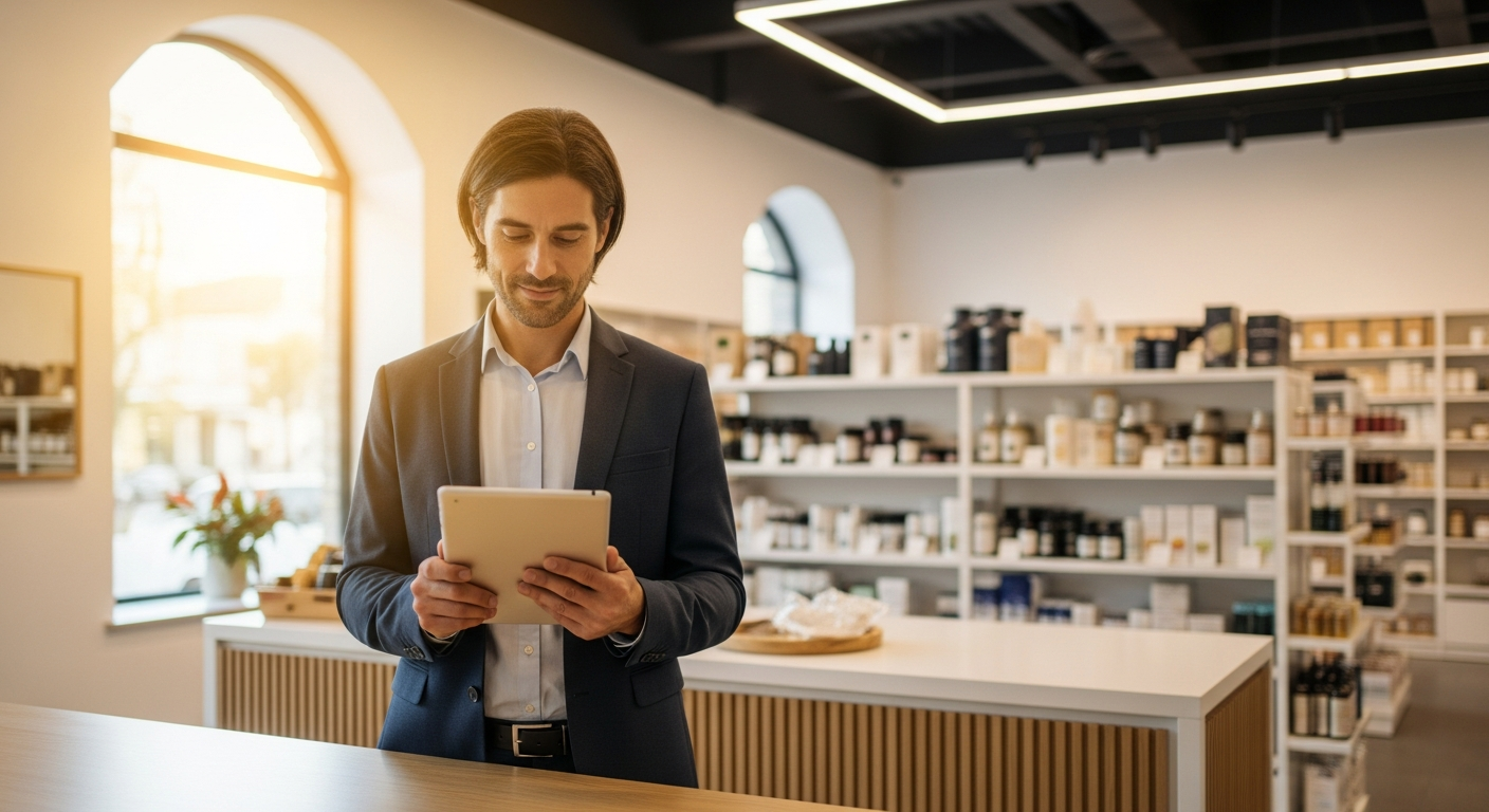 Small business owner reviewing merchant cash advance sales data at a modern retail store counter