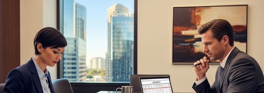 Two business professionals comparing MCA costs versus traditional loan documents at a conference table