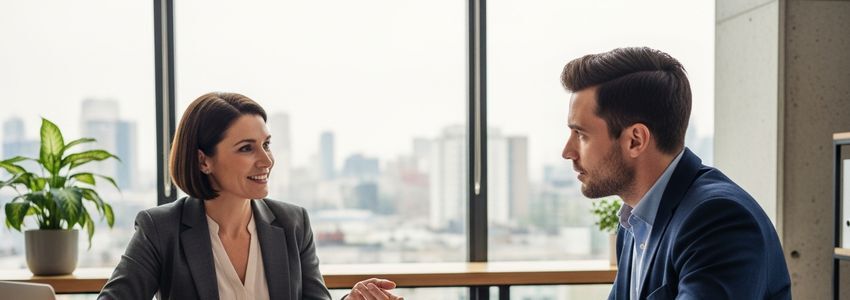 Business advisor discussing merchant cash advance alternatives with small business owner at office desk