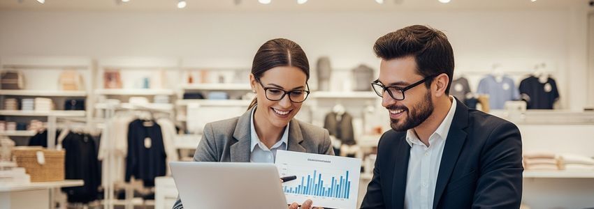 Business professionals reviewing merchant cash advance data and financial statistics on laptops in a retail store setting