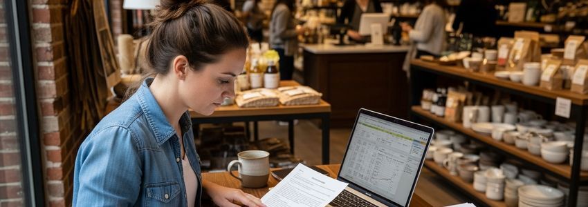 Small business owner reviewing financial statements and MCA documents at a retail shop