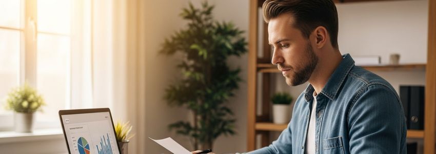 Small business owner reviewing financing options and loan comparison at office desk