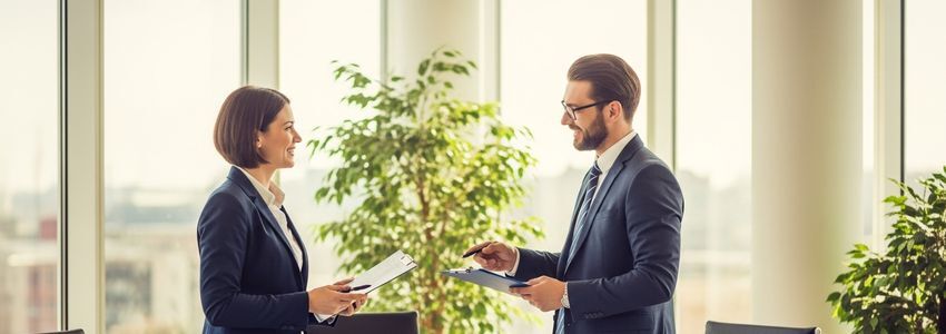 Two business professionals discussing invoice factoring and MCA financing options at a conference table