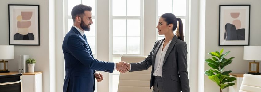 Two business professionals shaking hands at a franchise financing meeting, reviewing McDonald's franchise loan documents in a modern office