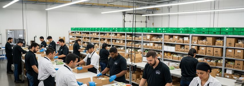 Meal kit fulfillment center workers packing meal kit delivery boxes for subscription customers