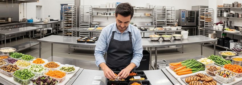 Meal prep business owner labeling and packaging containers in a professional commercial kitchen