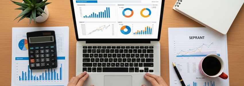 Business professional reviewing financial growth metrics and KPI reports at a modern office desk