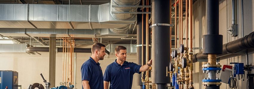 Two mechanical contractors reviewing pipe installation in a commercial building