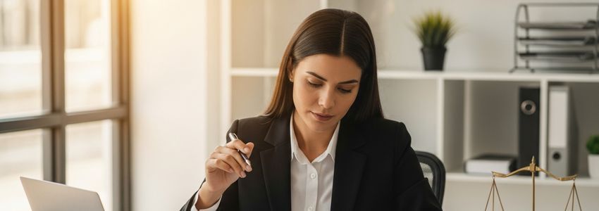 Professional mediator reviewing case documents and financing options in a modern office setting