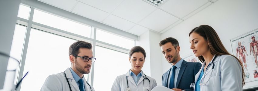 Medical professionals reviewing equipment financing documents in a modern healthcare office
