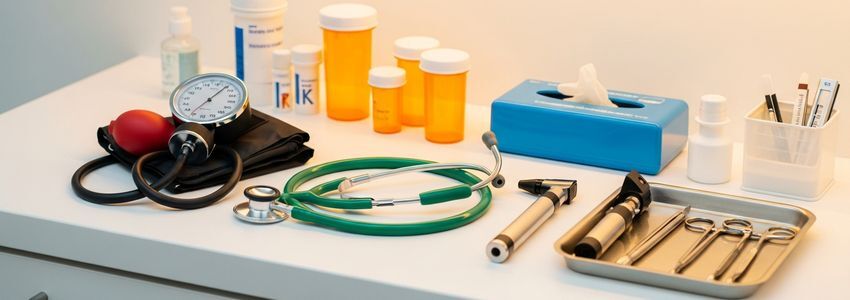 Medical equipment and supplies laid out in a healthcare clinic, representing the types of items businesses can finance