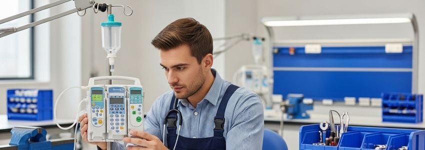 Medical equipment repair technician servicing an infusion pump in a professional clinical workshop