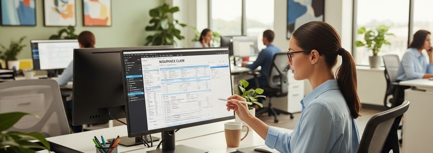 Medical billing specialist reviewing insurance claims and healthcare accounts receivable in a professional office setting