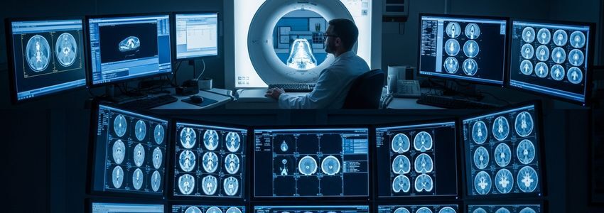 Radiologist reviewing medical imaging scans at a reading workstation