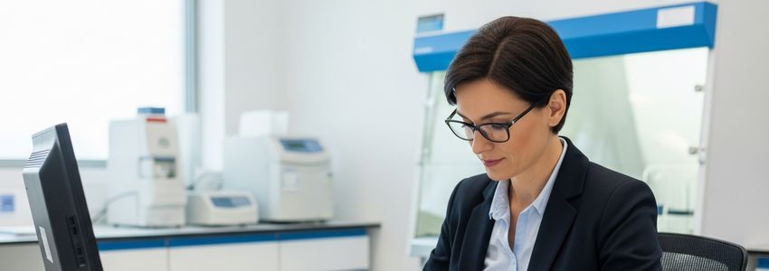 Medical lab financing specialist reviewing equipment loan documents in a professional laboratory setting
