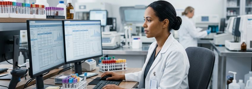 Medical laboratory technician reviewing test results at clinical workstation