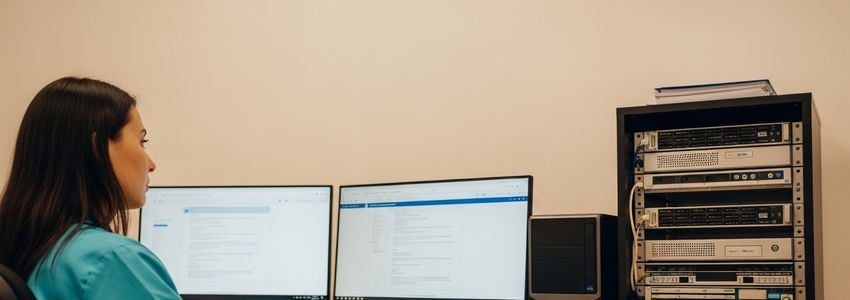 Healthcare IT specialist setting up computer equipment in a medical office