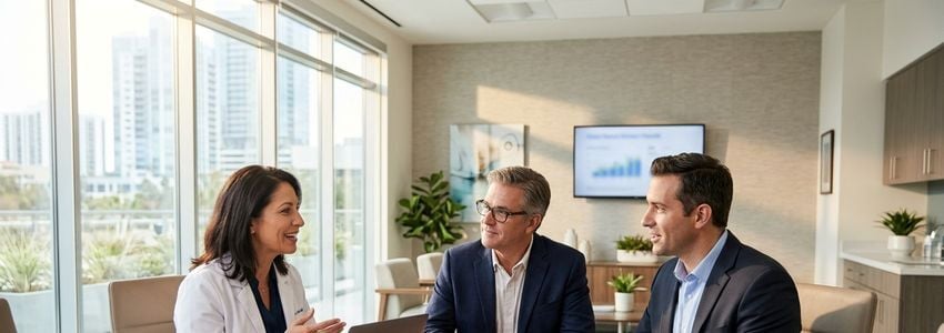 Physician and practice manager reviewing medical practice business loan options with a financial advisor in a modern office