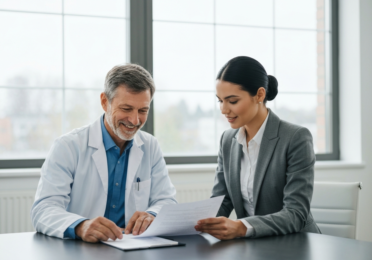 Physician and financial advisor reviewing medical practice loan documents