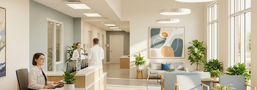 Healthcare professional and financial advisor reviewing medical practice loan documents