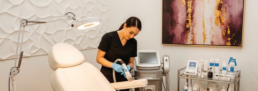 Medical aesthetician operating professional laser treatment device in a modern medical spa setting