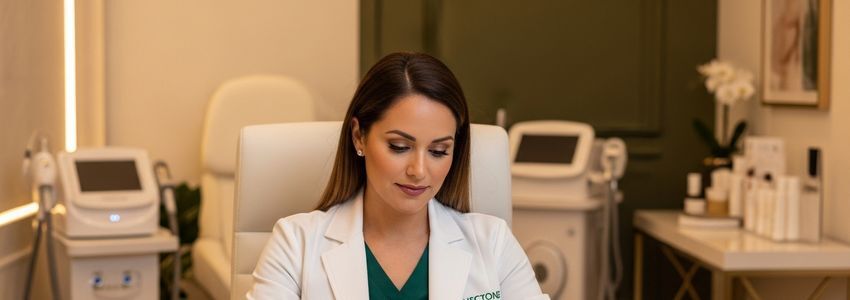 Medical spa financing specialist reviewing financing options with a med spa owner at a modern clinic