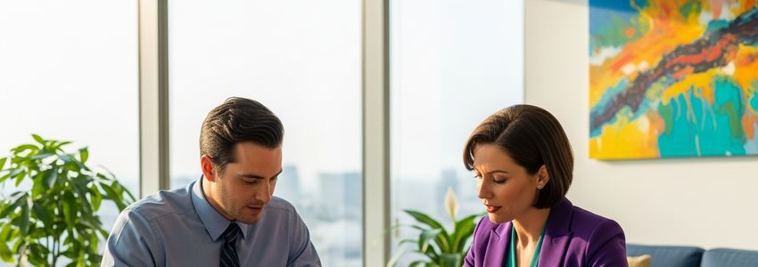 Business professionals reviewing medical transcription company financing documents in professional office setting