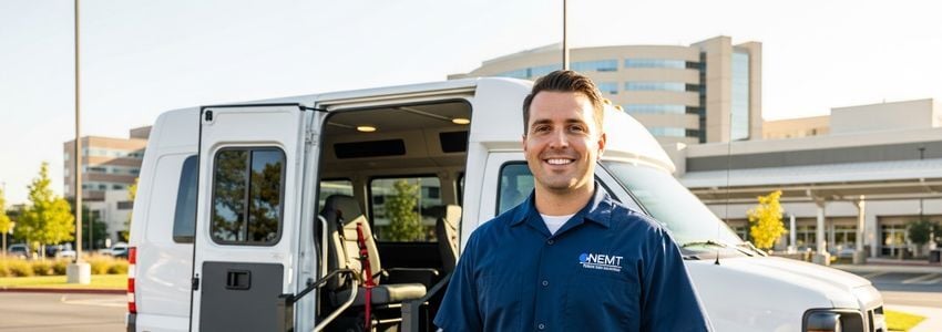 NEMT driver assisting patient boarding accessible medical transport van