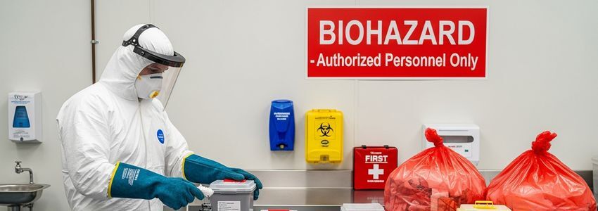 Medical waste disposal technician in PPE handling biohazard containers and sharps waste at a hospital waste processing facility