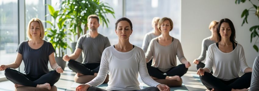 Meditation studio owner reviewing business financing options at a modern wellness center