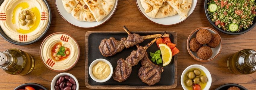 Authentic Mediterranean food spread with hummus, kebabs, falafel, and pita bread for restaurant owners seeking business loans